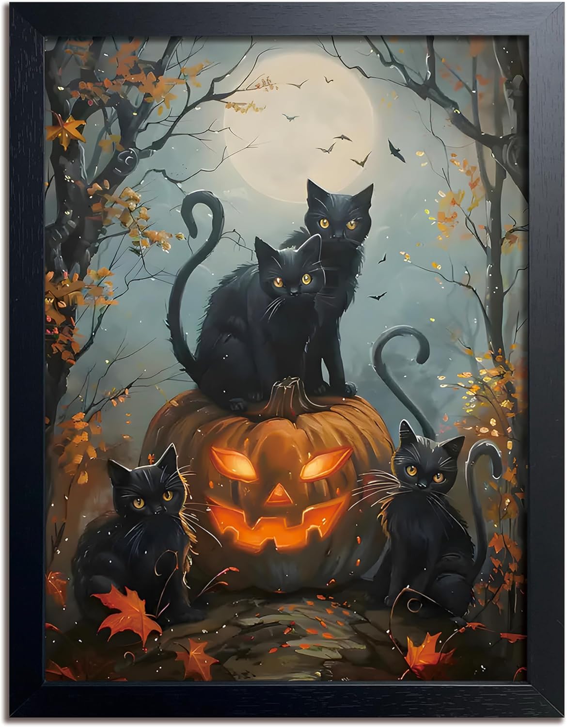 Halloween Black Cat Wall Art, Dark Academia Spooky Pumpkin Poster Wall Decor, Vintage Gothic Witchy Cat Canvas Print, for Bedroom Living Room Aesthetic Decor 8x10 Inch Wood Framed