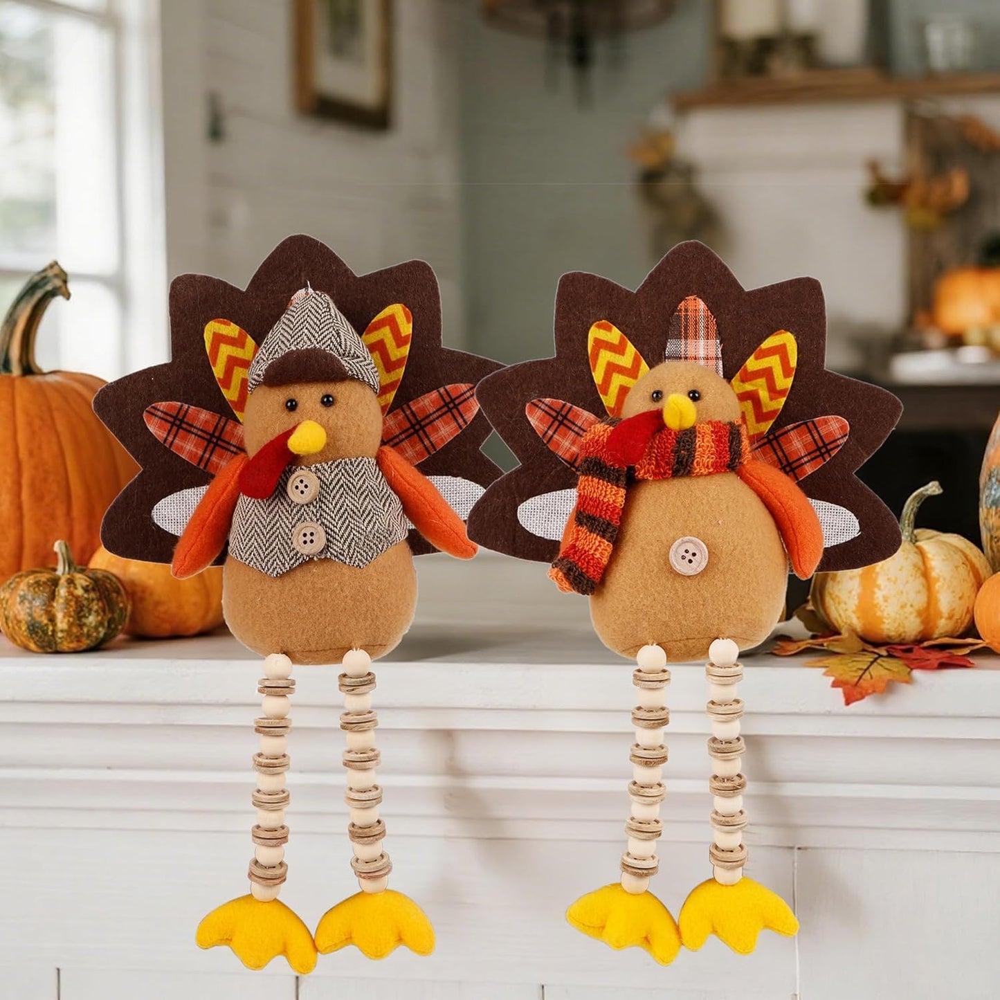 winemana Thanksgiving Decorations Set of 2 Turkeys with Dangling Legs, Mr and Mrs Turkey Couple Plush Tabletop Centerpieces for Fall Harvest Home Kitchen Shelf