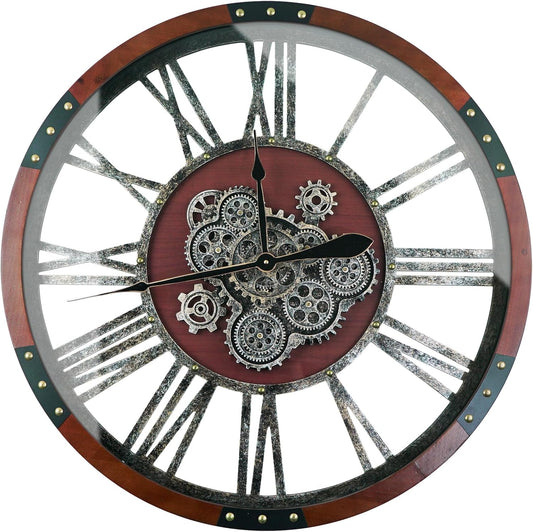 36 Inch Moving Gear Wall Clock, Oversized Wall Clocks, Clock Living Room Decor, Solid Wood Frame, Battery Operated, Large Wall Clock with Industrial for Fireplace(Black Walnut)