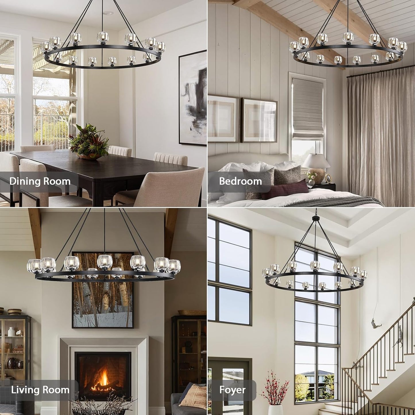 Black Wagon Wheel Chandelier, 59 Inch Black Chandeliers with Unique Glass Shade, 15-Light Crystal Large Wagon Wheel Chandeliers for Dining Room, High Ceiling Round Chandelier for Living Room, Foyer