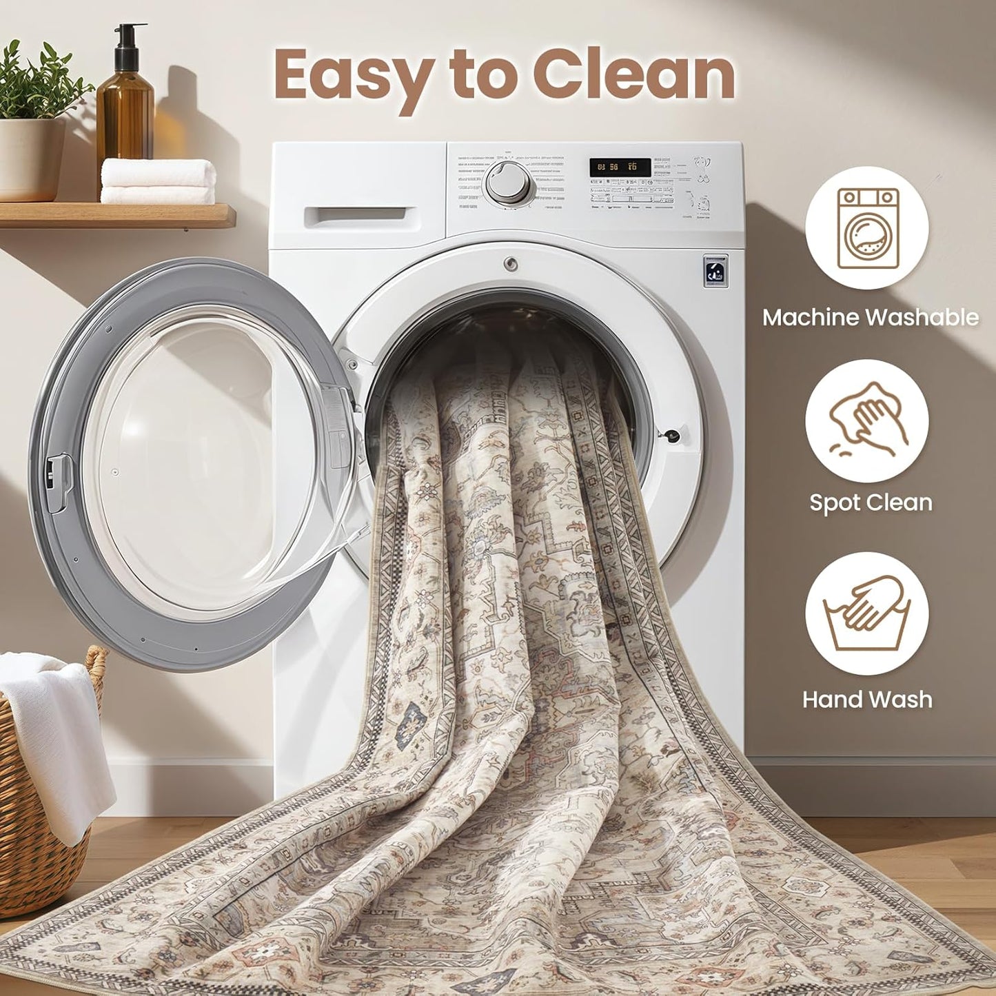 Washable Area Rugs for Living Room - 6x9 Neutral Vintage Distressed Floral Farmhouse Boho Large Soft Floor Rug Indoor Non Slip Carpet for Bedroom Dining Room Office - Brown/Multi