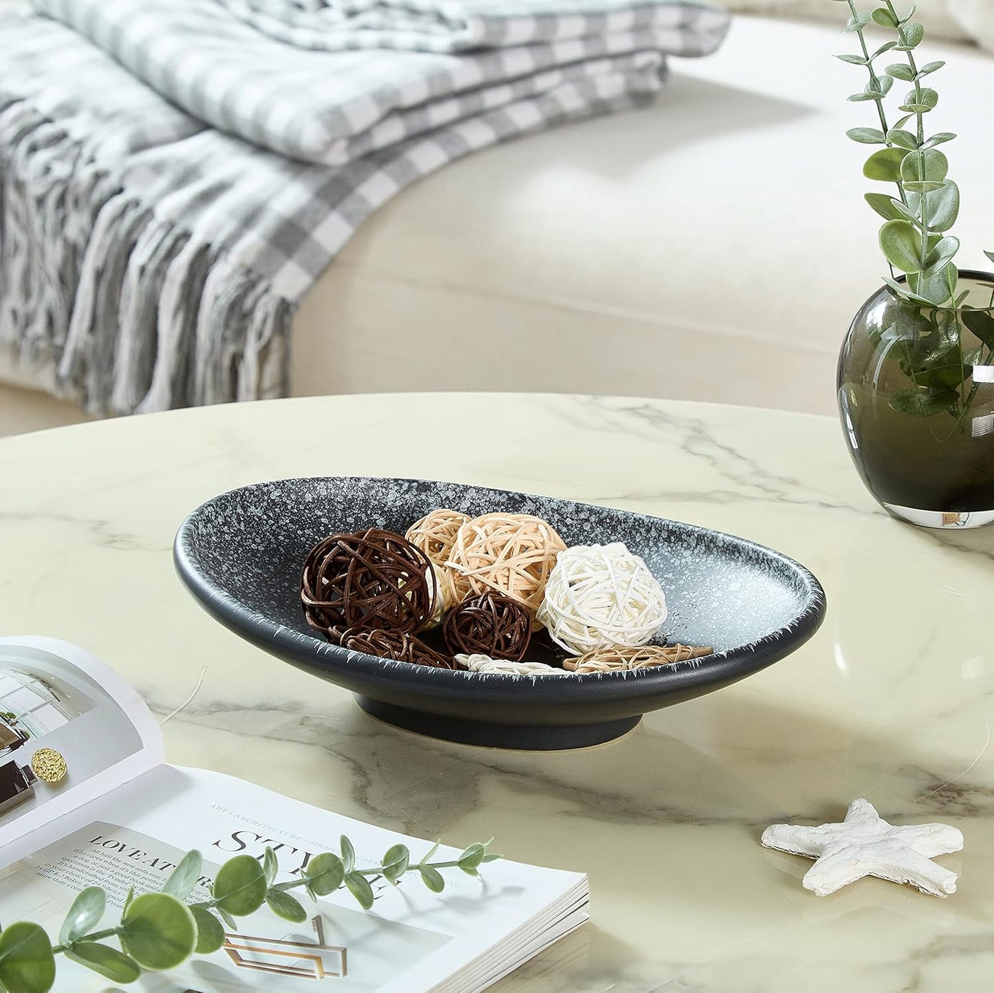 Oval Ceramic Decorative Bowl, Key Dish for Entryway Table, Small Home Decor Accent, Trinket Tray for Office Home Decor Gift (10'' Snowflake Gray without Glaze Layer)