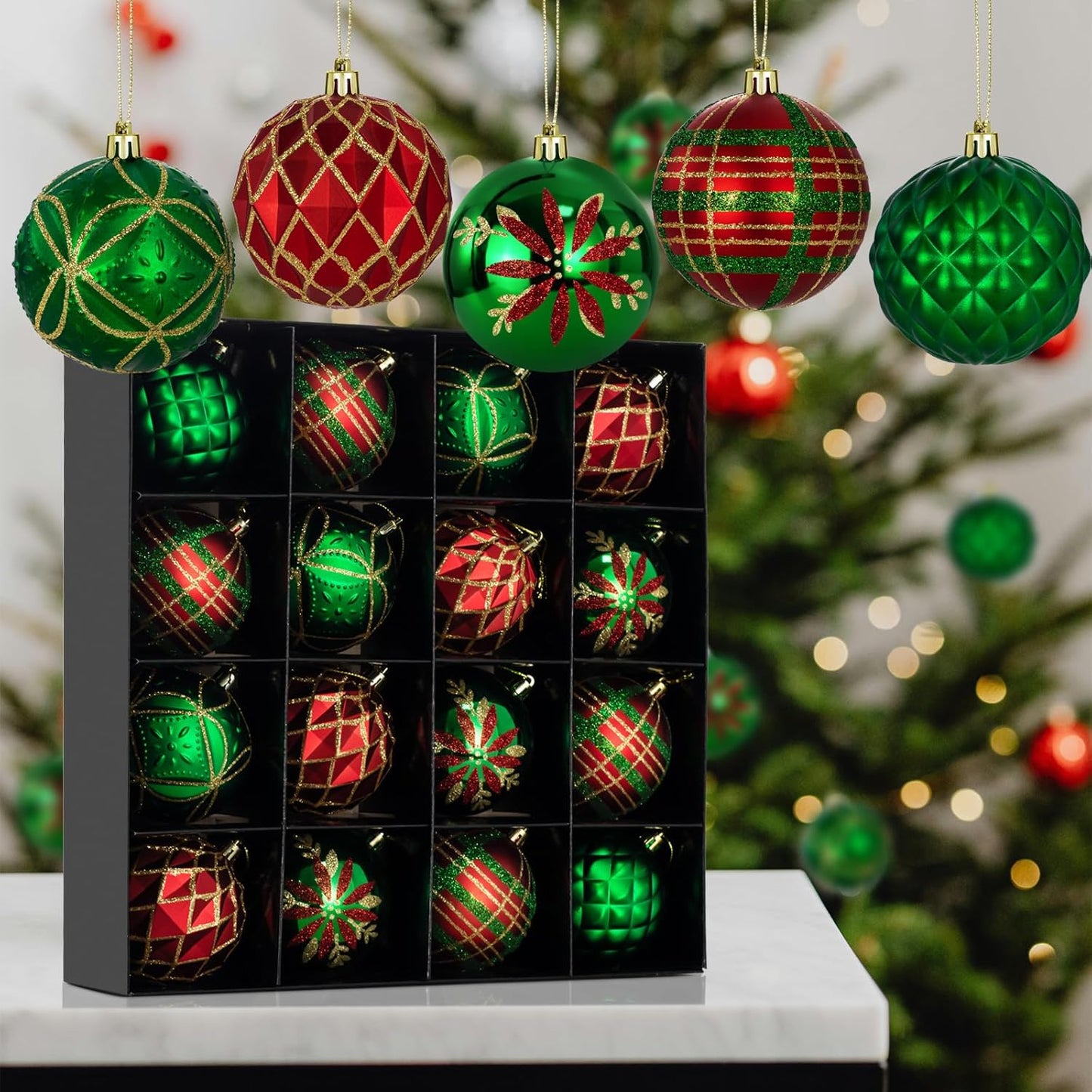 LARAINE Christmas Balls Ornaments 16 Pcs Decorations for Christmas Tree, Shatterproof Hanging Ball Variety Gift Set of Holiday Party Wedding Decoration (Green Red)