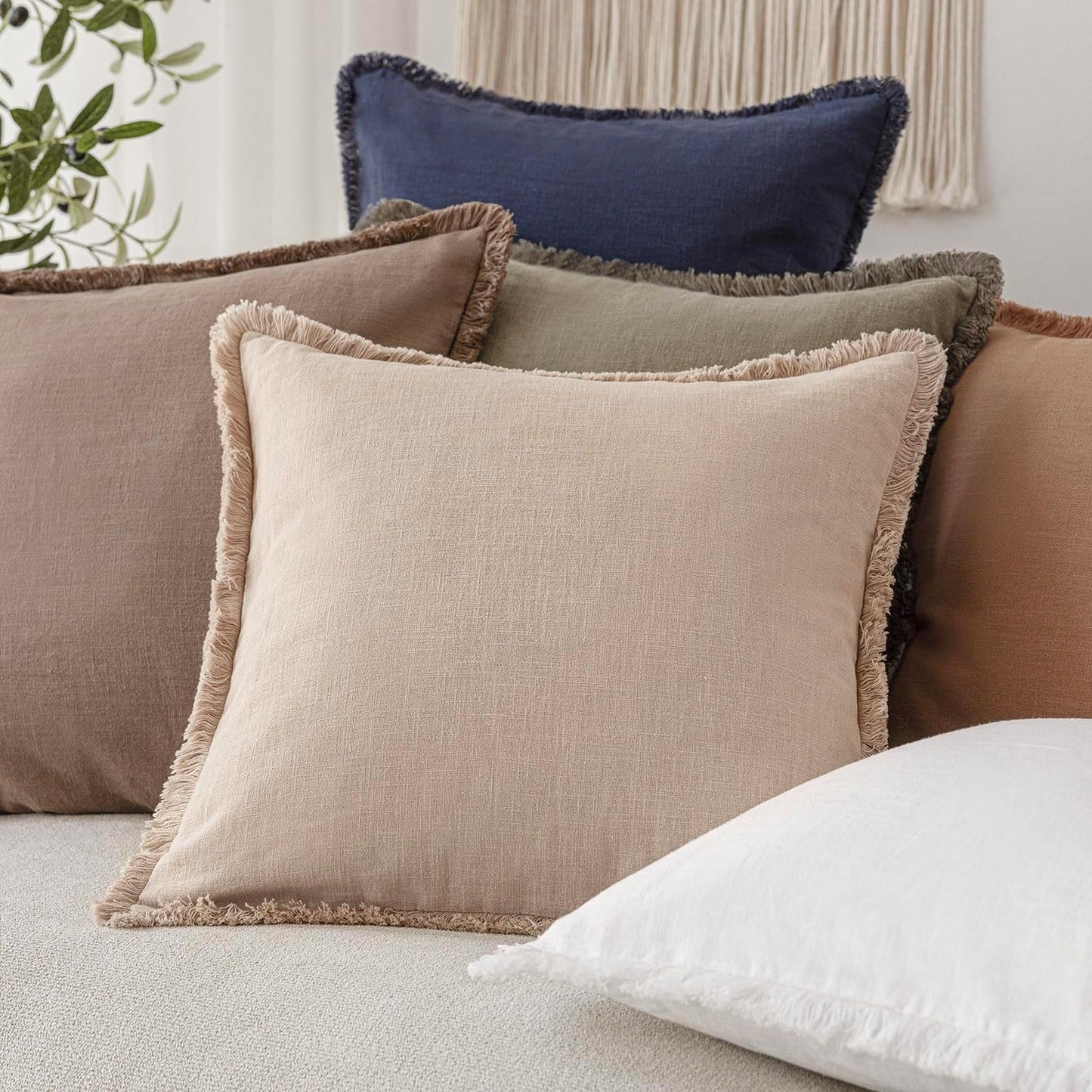 Foindtower Set of 2 Decorative Linen Fringe Throw Pillow Covers Boho Farmhouse Cushion Cover with Tassels Soft Accent Pillowcase for Couch Chair Sofa Bed Living Room Home Decor,18×18 Inch,Tan Beige