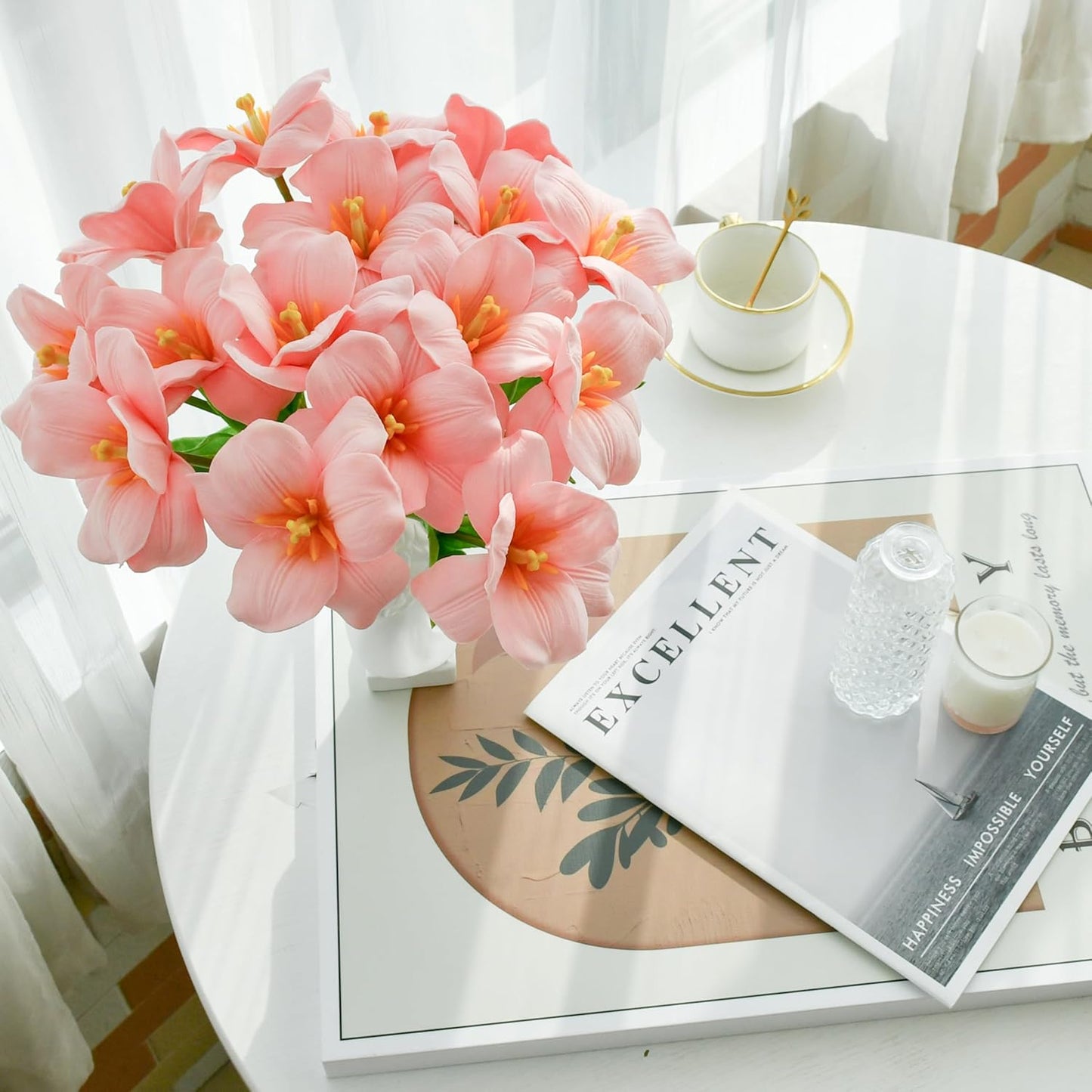 Mandy's Artificial Tulips 12 Stems Pink Fully Bloomed PU Faux Flowers for Wedding Home Decor 13.5 Inch