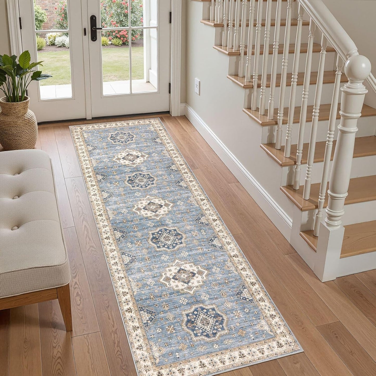 Washable 2x6 Runner Rug - Area Rugs Neutral Vintage Distressed Floral Farmhouse Boho Large Soft Floor Rug Indoor Carpet for Hallway Entryway Bedroom Kitchen - Blue