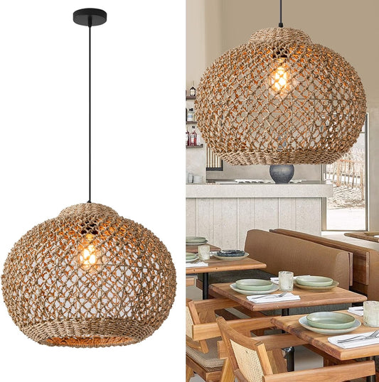 13.77" Woven Rattan Pendant Light,Hand-Woven Water Plants Rattan Chandelier Boho Wicker Coastal Retro Ceiling Chandelier Lighting,for Kitchen Island Restaurant Craft Room Farmhouse