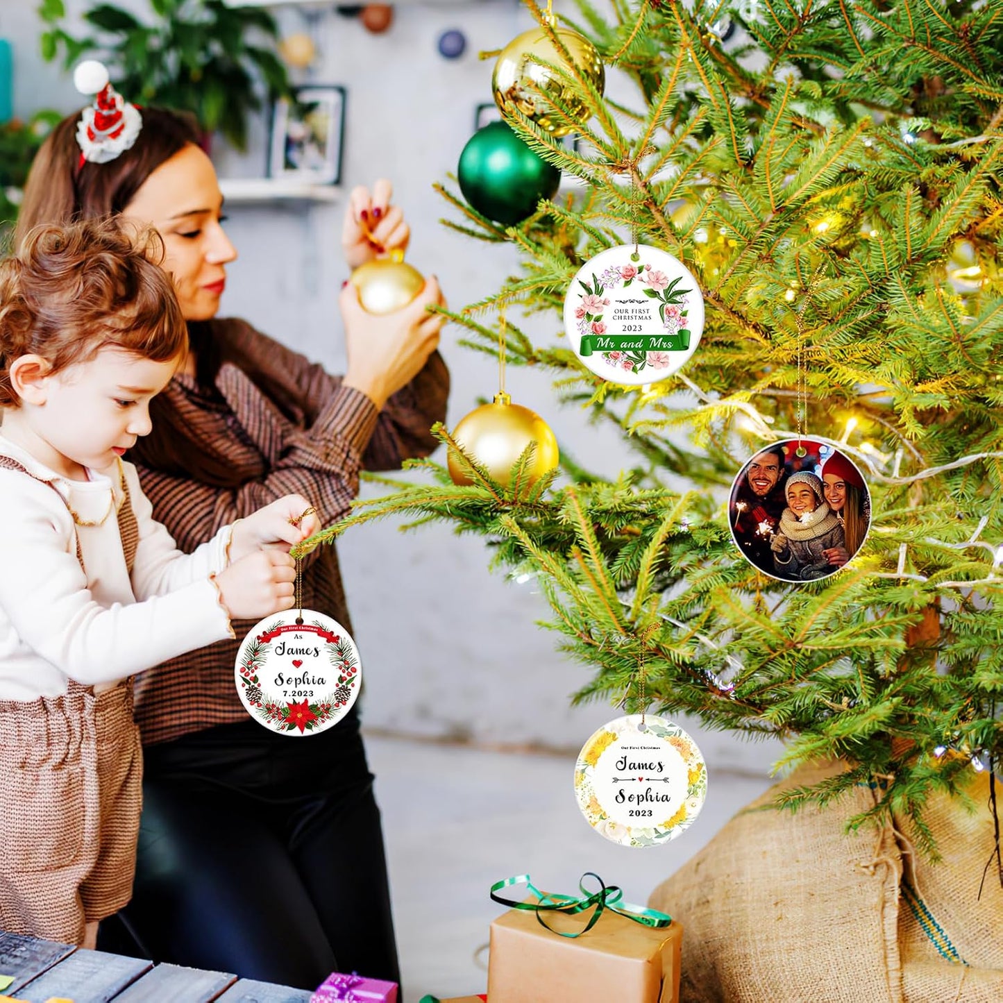 Personalized Our First Christmas Married Ornament 2025, Just Married Ornament as Mr and Mrs, First Year Newlywed 2.9" Ceramic Round Xmas Tree Decorations