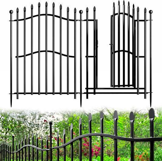 10 Panels No Dig Decorative Garden Fence with Gate - 32in H x 22.5ft L, Reinforced Square Tube Rustproof Tall Animal Barrier for Dogs & Rabbits, Outdoor Yard Border Fencing
