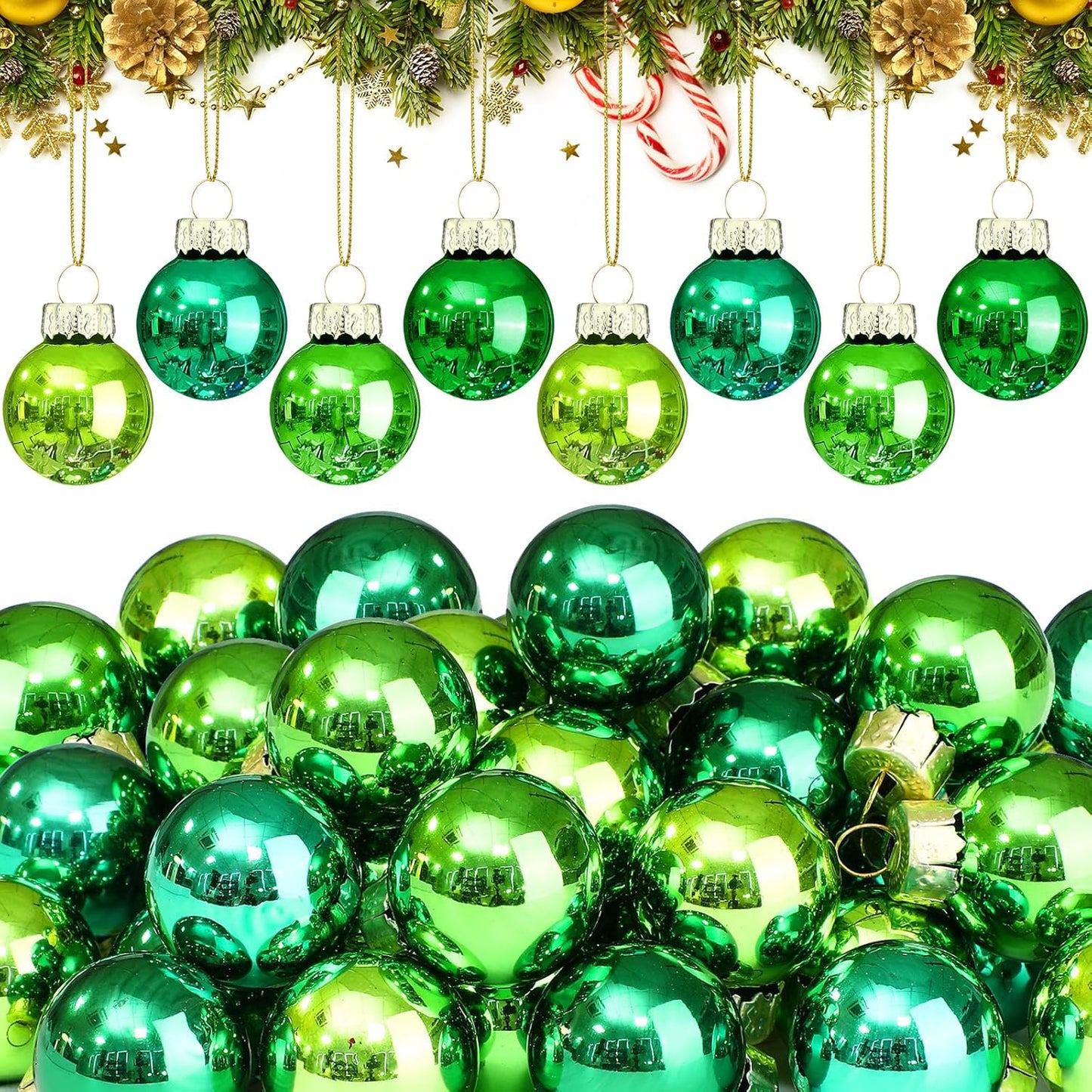 Tioncy 32 Pcs 1 Inch Mini Glass Christmas Ornaments Balls Shiny Christmas Balls Tiny Tree Hanging Decoration Small Colorful Ball Pendant for Xmas Party Supplies(Green Series)
