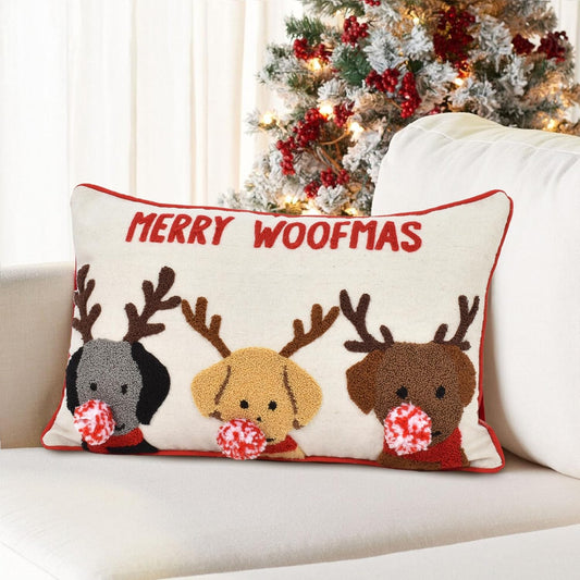 Merry Woofmas Christmas Pillow Covers 12x20, Cute Dog Embroidered Christmas Throw Pillow Covers Christmas Decorations Holiday Pillows for Home Couch,Linen/red