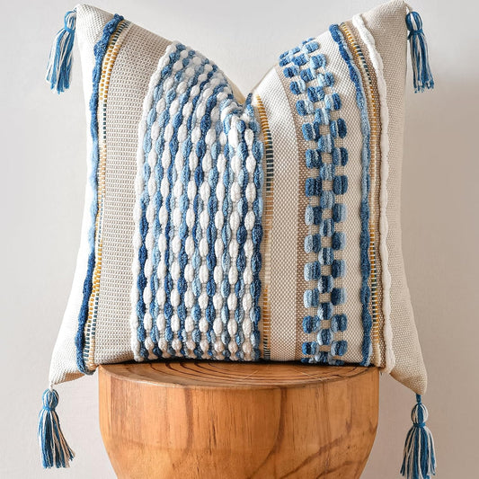 AmHoo Chenille Striped Textured Boho Throw Pillow Covers Aesthetic with Tassels Woven Decorative Pillow Case for Couch Bed Sofa Bedroom Modern Funky 18 x 18-Inch Sky Blue