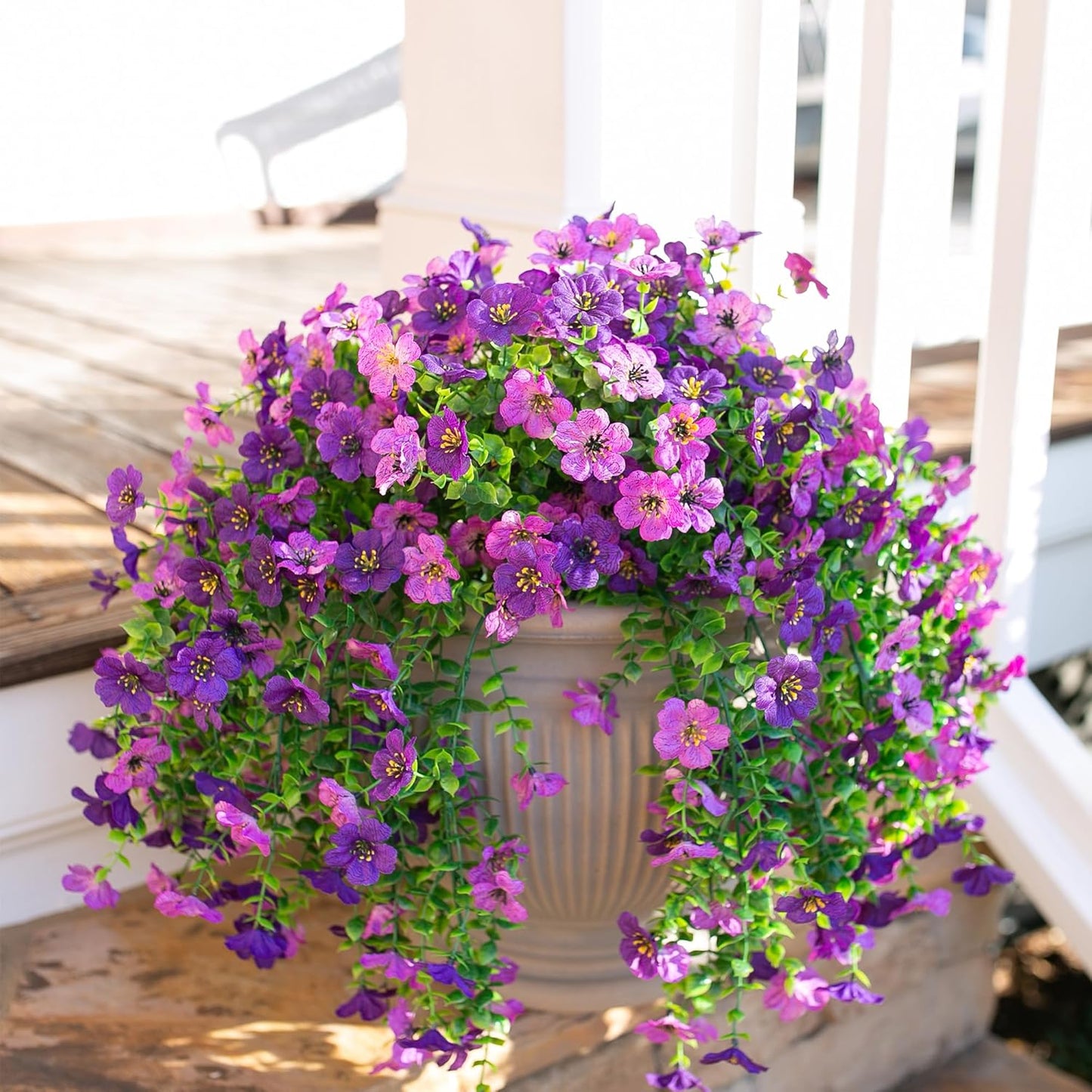 Artificial Faux Hanging Flowers Plants for Spring Outdoor Outside Decoration, 2 PCS Fake Silk Daisy with Eucalyptus UV Resistant Realistic Trailing Vines for Balcony Patio Porch (Darkpurple+Purple)