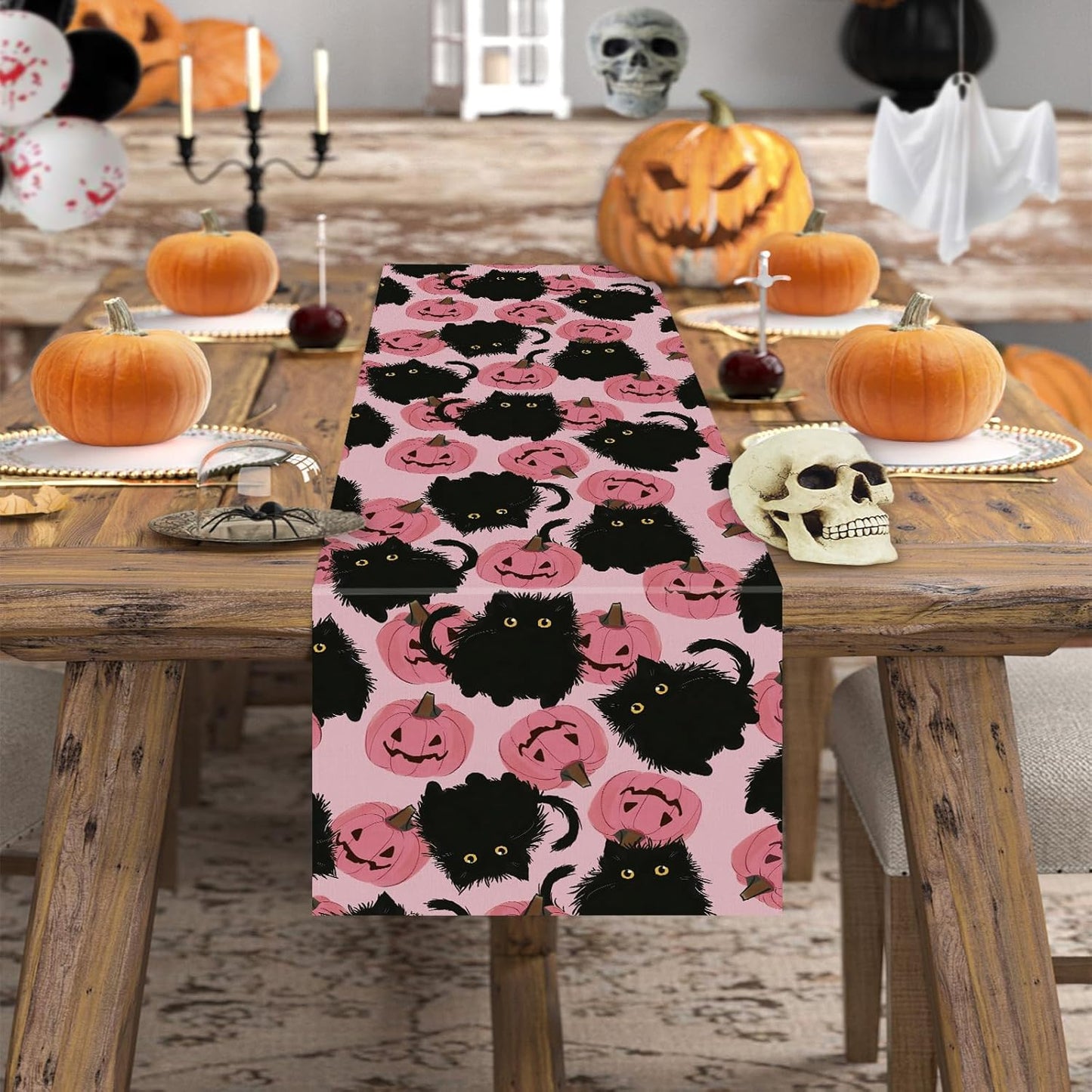 Halloween Table Runner Black Cat Pink Pumpkins Seasonal Kitchen Dining Table Home Outdoor Party Decorations 13x60 Inch