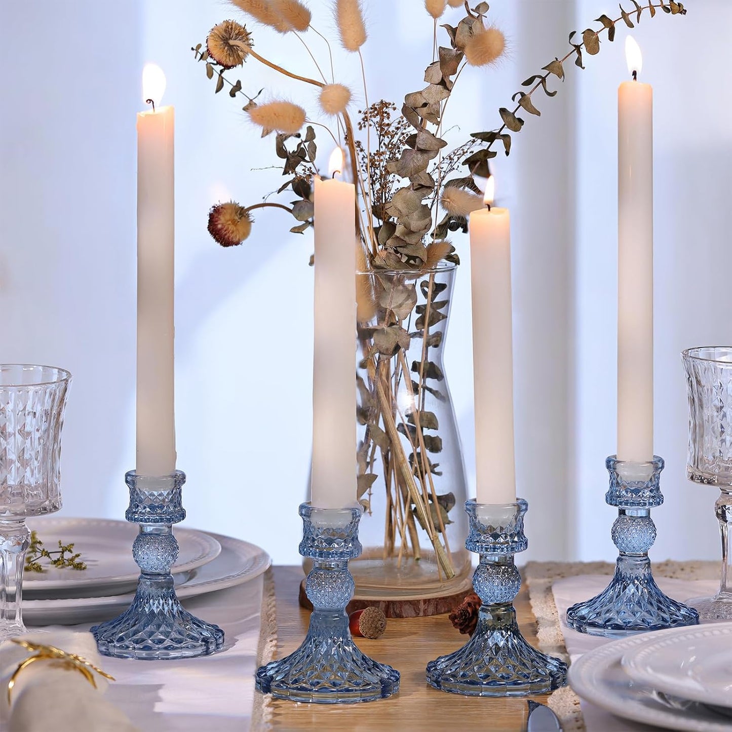 12Pcs 4" H Aqua Blue Candlestick Holders Set- Taper Candle Holders Bulk, Glass Candle Holders for Wedding, Party, Romantic Dinner Table Centerpieces, Festival Gifts & Windowsill Decor