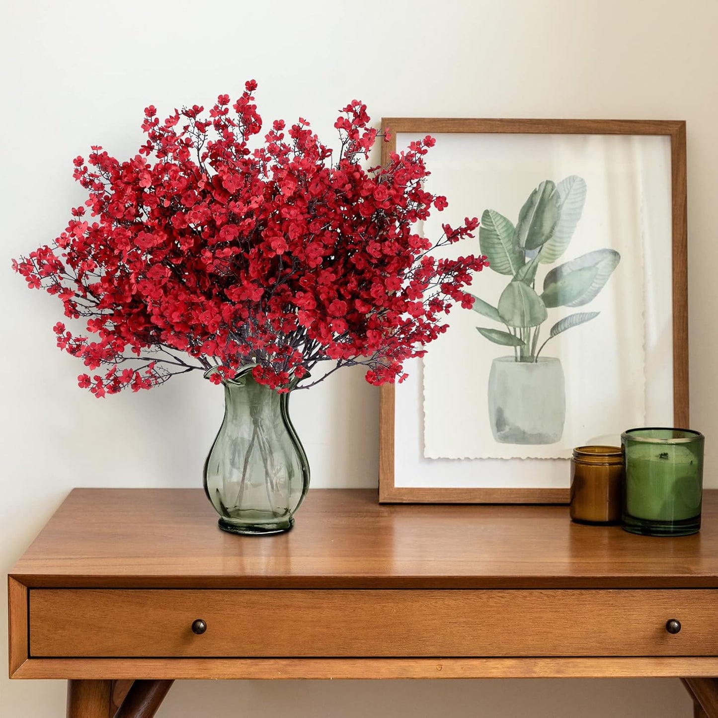 Sggvecsy 15 Pcs Babys Breath Artificial Flowers Gypsophila Bouquets Bulk Real Touch Fake Silk Flowers for Home Wedding DIY Floral Arrangement Kitchen Christmas Centerpiece Festival Decoration (Red)