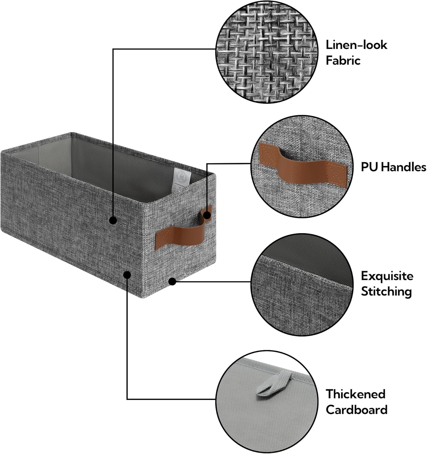 GRANNY SAYS Small Fabric Storage Bins with PU Handles, Storage Baskets for Shelves, Toilet Paper Storage, Narrow Baskets for Organizing DVD, Photos, Clothes, Diaper, Sock, Cd, 6-Pack, Gray