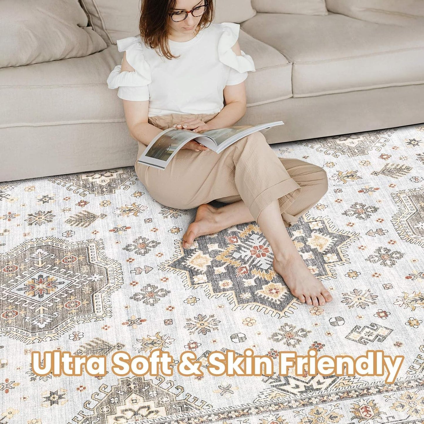 Washable Area Rugs for Living Room -10x12 Neutral Vintage Distressed Floral Farmhouse Boho Large Soft Floor Rug Indoor Non Slip Carpet for Living Room Bedroom Dining Room Office-Blue Brown