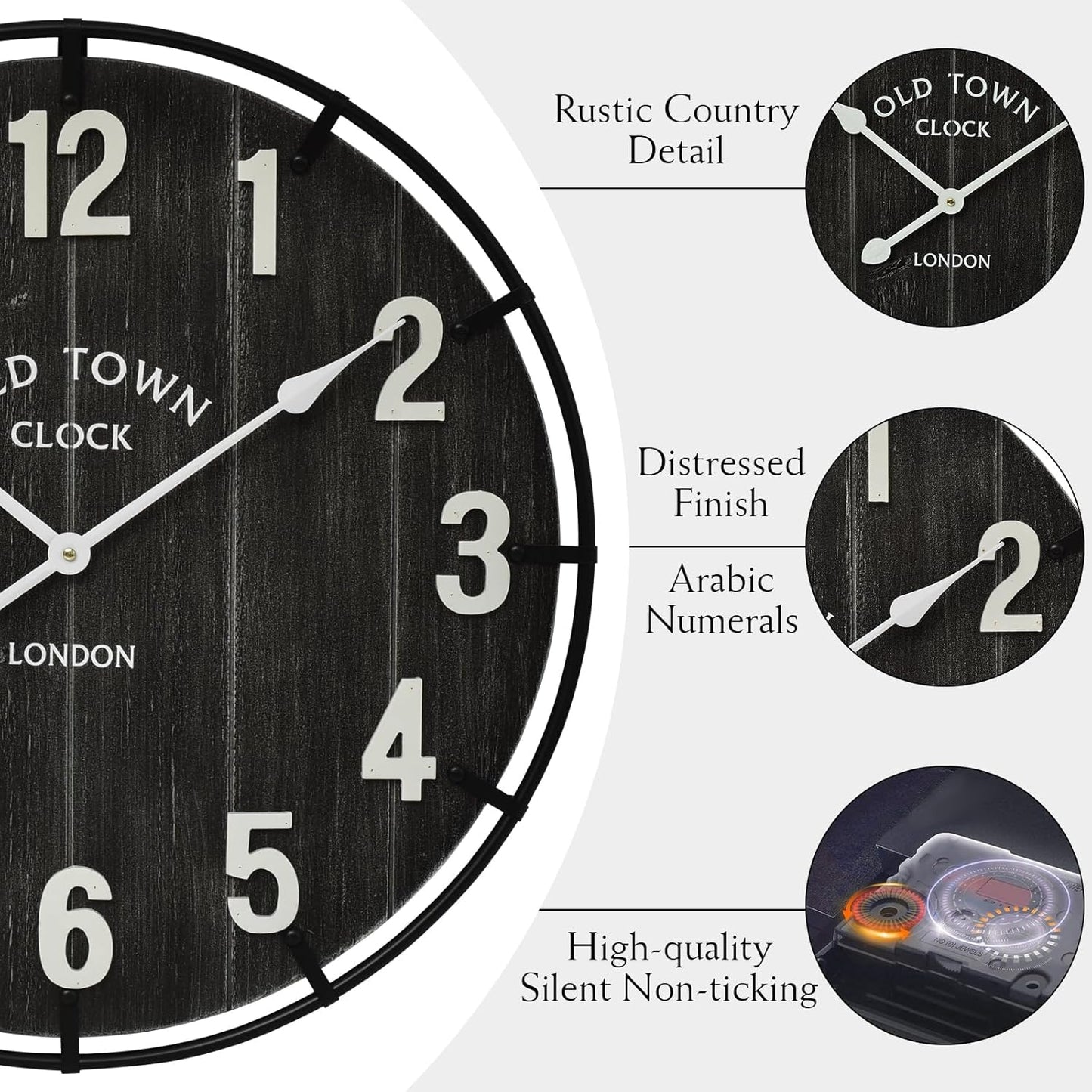 Large Old Town Farmhouse Wall Clock – 24 Inches Rustic Antique Wood with Metal Circle and Large Numerals, Silent Battery Operated Clock for Office, Kitchen, Bedroom, Living Room (Black)