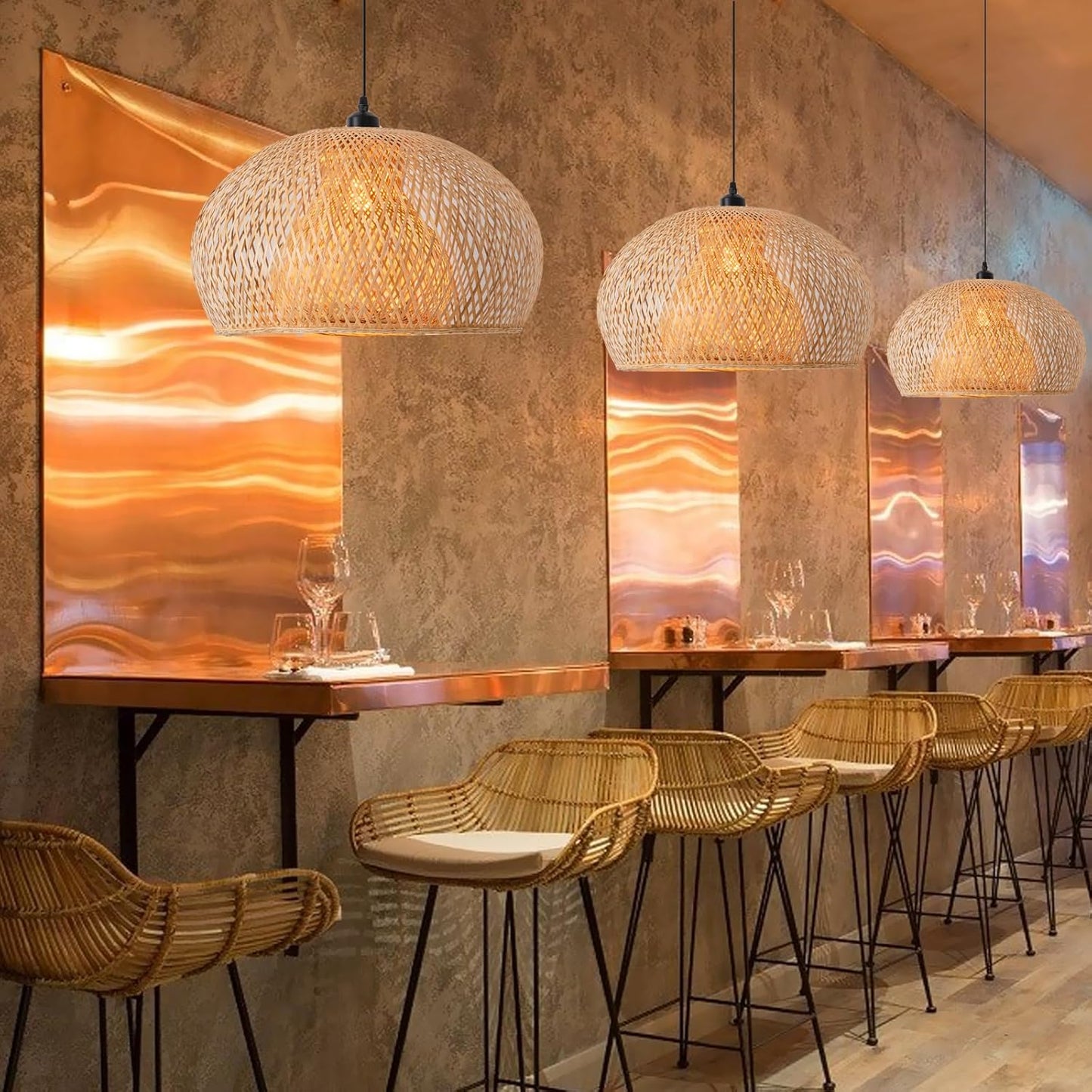 23.6" Bamboo Pendant Light Hand-Woven Rattan Hanging Lamp Boho Bamboo Chandelier for Dining Living Bedroom Kitchen Farmhouse