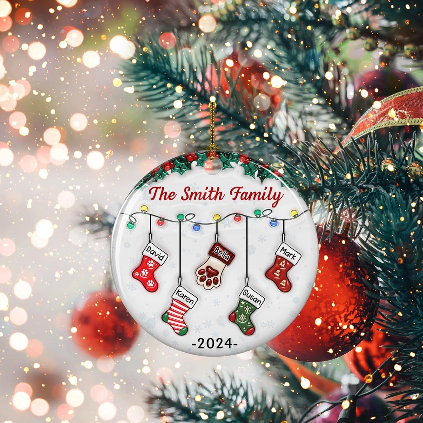 Stocking Personalized Family Christmas Ceramic Ornament 2025-3D Inflated Effect Custom Name Hanging Stock up to 10 Members, First Xmas as A Family Ornament Gifts (A04, 7 Names)