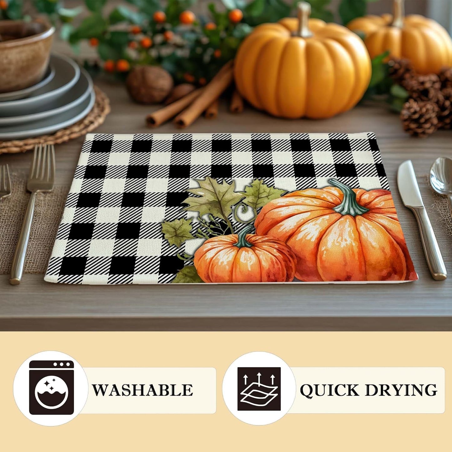 Hello Pumpkin Placemats Set of 4, 12x18 Inch Black Fall Buffalo Plaid Table Mats, Washable Heat Resistant Place Mats for Kitchen Dining Table, Autumn Home Farmhouse Decor-B02