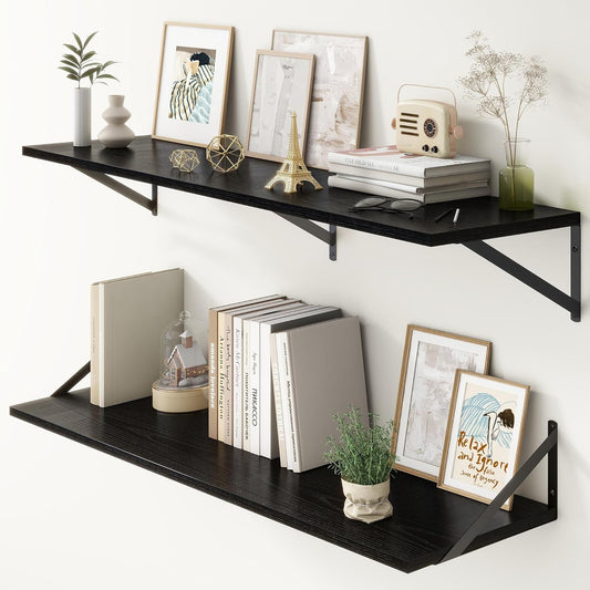 12 Inch Deep Floating Shelves, Black Floating Shelves 48W x 12D, Deep Wall Shelves Bracket Set of 2, Large Display Hanging Floating Shelf for Bathroom, Living Room, Wide Storage Wooden Wall Shelf