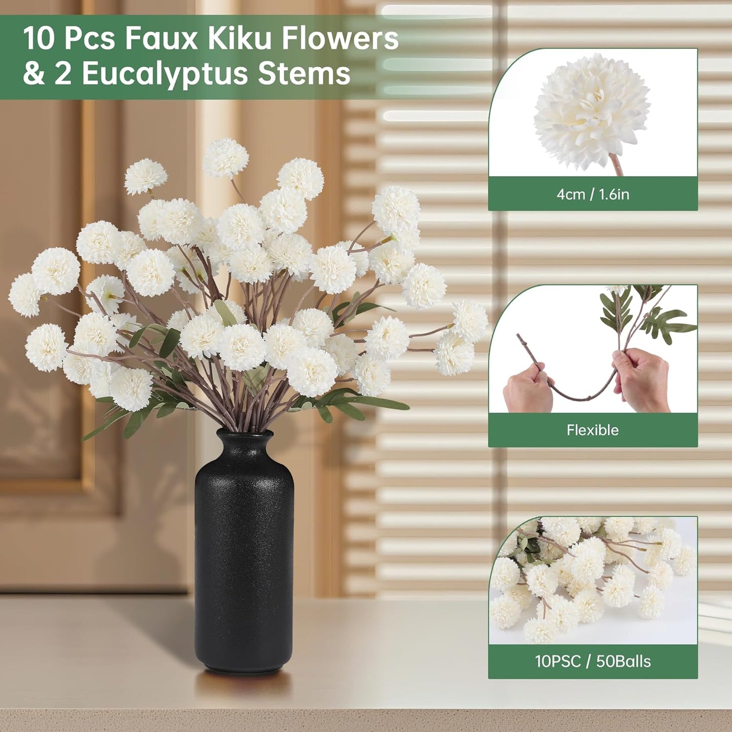 Faux White Kiku Flowers 10 Stems & 2 Eucalyptus, Fake Mums Pompon Flower Ball, Autumn Artificial Chrysanthemums Flowers for Boho Bedroom Decor, Silk Mini Faux Kiku Flower Wedding Arrangements Decor