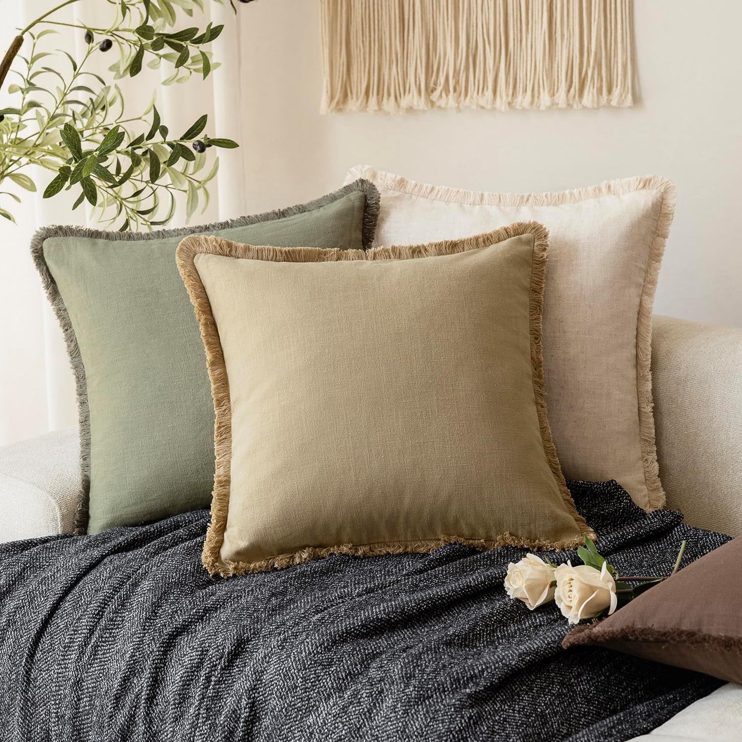 Foindtower Set of 2 Decorative Linen Fringe Throw Pillow Covers Farmhouse Cushion Cover with Tassels Soft Accent Pillowcase for Couch Chair Sofa Bed Living Room Home Decor,18×18 Inch,Light Khaki Taupe