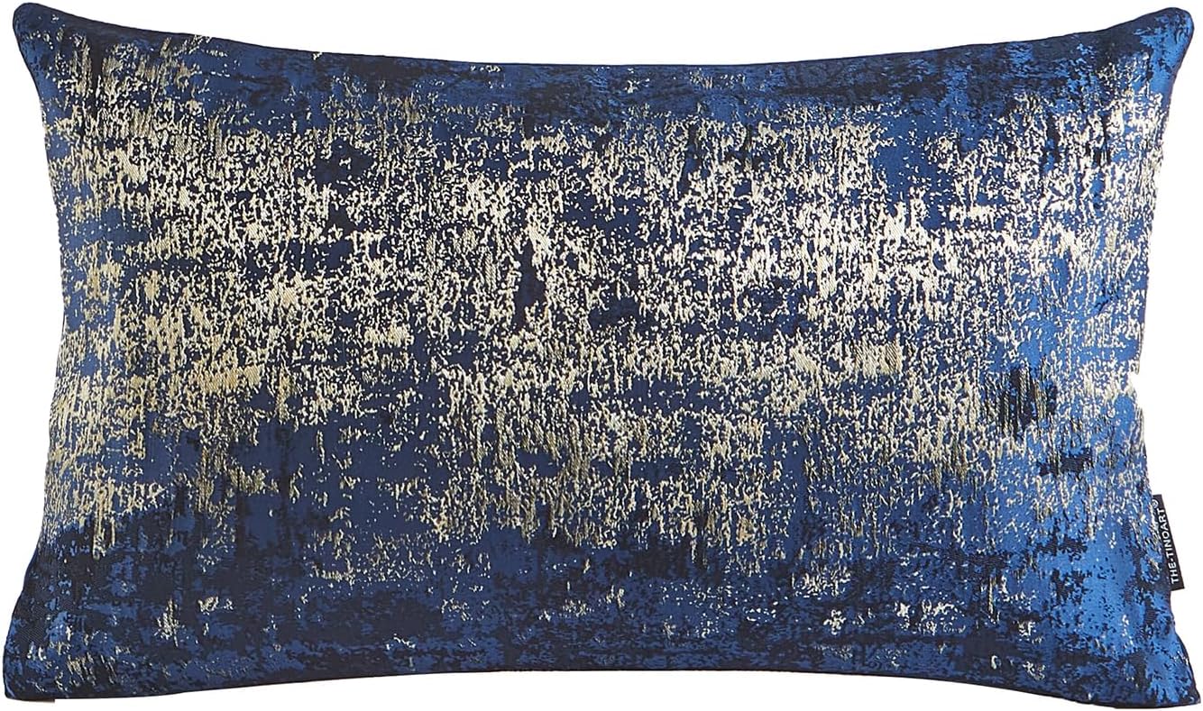 THE-TINOART Navy Gold Jacquard Pillow Cover 12x20 - Reversible Design with Gold Thread Embroidery, Luxury Velvet Back for Sofa & Bed Decor