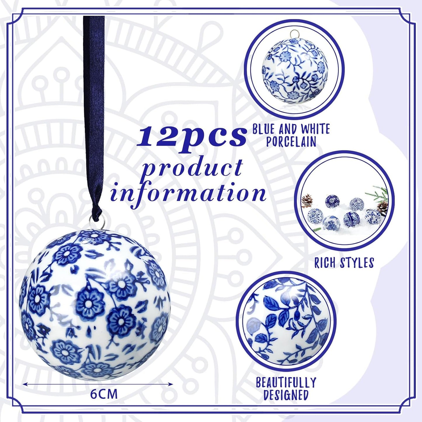 Cindeer 12 Pcs Blue and White Christmas Porcelain Balls 2.4 Inch Porcelain Chinoiserie Ornament Bulk Christmas Ceramic Hanging Decorative for Tree Home Xmas Party (Groovy Style)