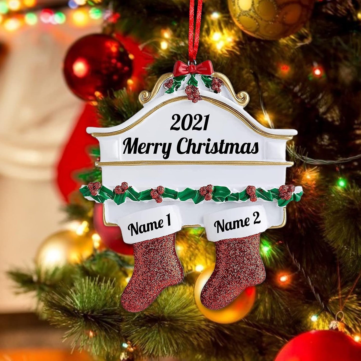 Amlion Personalized Ceramic Christmas Stocking Ornaments, Family of 2-8, Custom Names, Traditional Style, Christmas Occasion