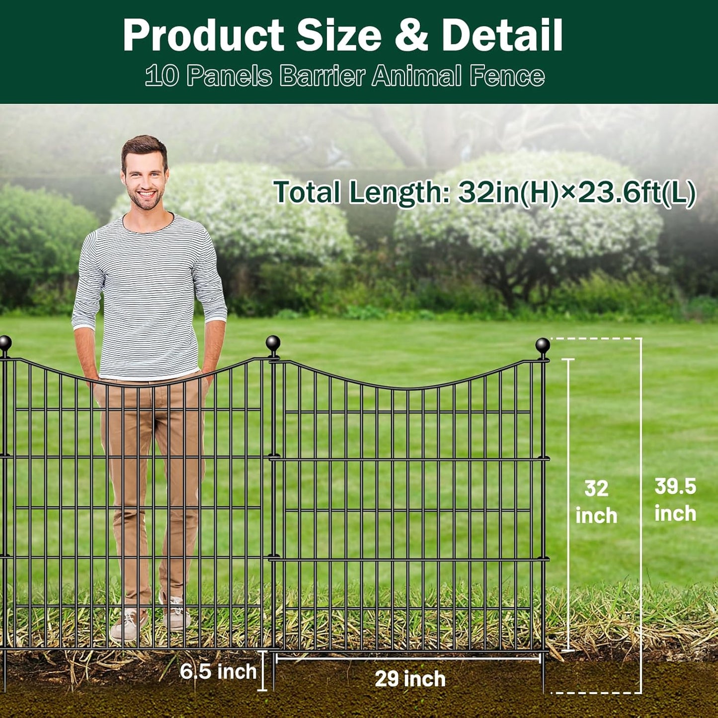 10 Panels Decorative Garden Fence with Gate, 32 in(H) X 23.6 ft(L) No Dig Dog Fence Animal Barrier Outdoor for Yard, Rustproof Metal Garden Edging and Borders, Temporary Fencing Stakes