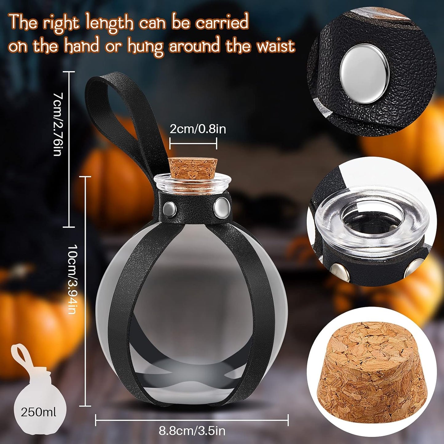 Patelai 2 Pcs Halloween Glass Potion Bottles with Belt Cork Renaissance Witch Costume Accessories Witch Props Potion Bottle for Halloween Party Decor Cosplay DIY Crafts Gift (Black,Brown)
