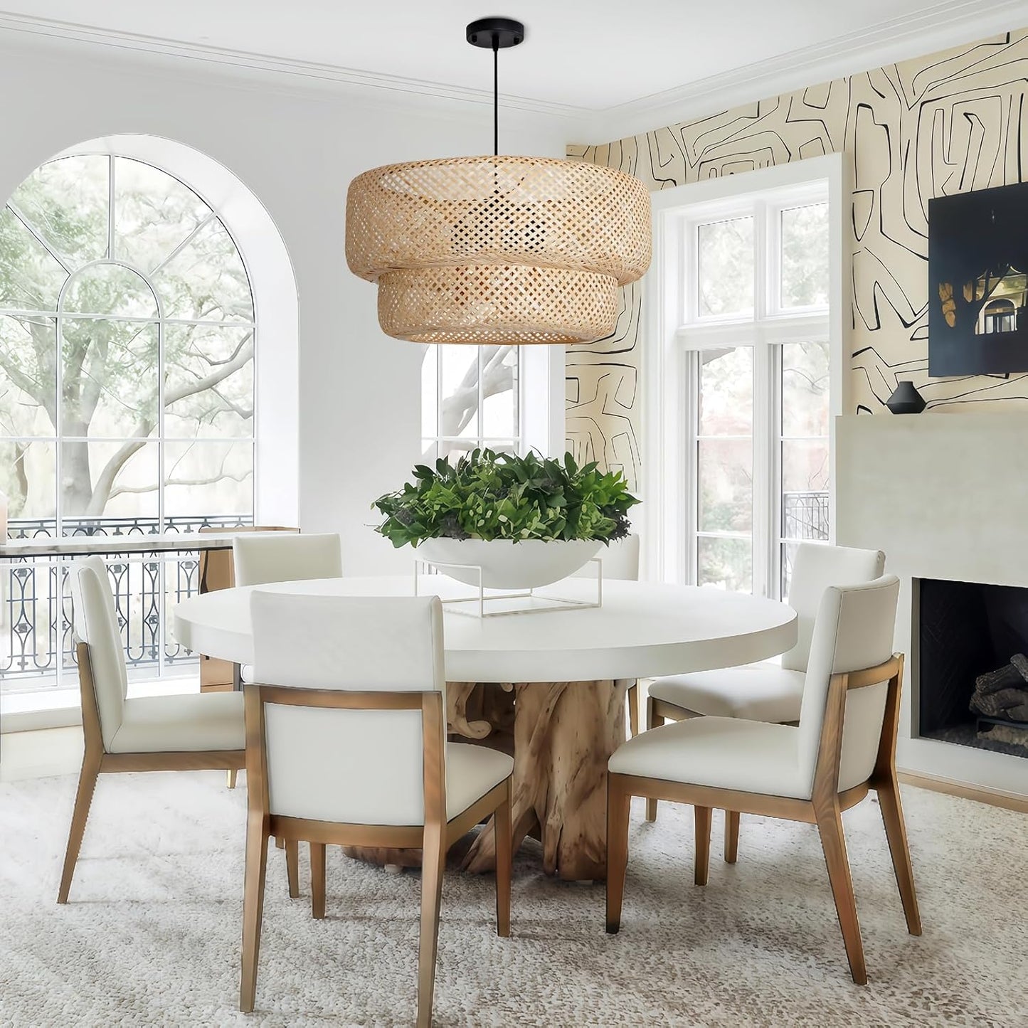 23.62" Bamboo Pendant Light,4-Light Boho Rattan Hanging Light,Hand Woven Wicker Chandelier for Kitchen Island for Kitchen Island Dining Bedroom Living Room Restaurants