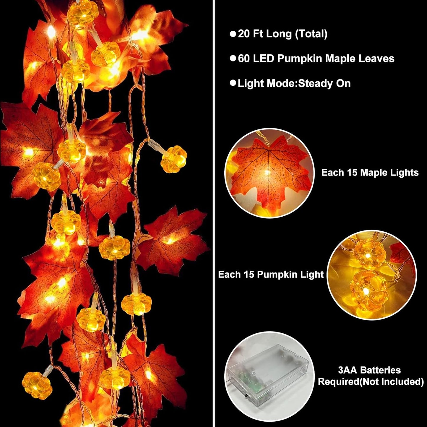 2 Pack & Timer - Fall Garland with Pumpkin Lights Halloween Fall Decor for Home 60LED 20Ft Enlarged Maples Leaves Halloween Garland Lights Indoor Battery Operated Thanksgiving Decor Wedding Christmas