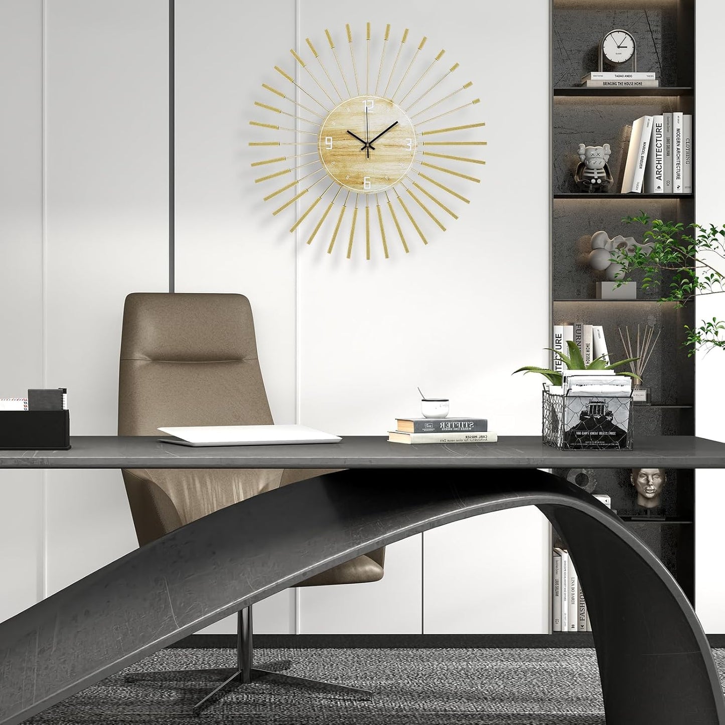 Large Starburst Wall Clock Mid Century Battery Operated Sunburst Clock Modern Wall Clocks Round Gold Wall Clock Non-Ticking Clock for Living Room Bedroom Kitchen Office-23.6inch