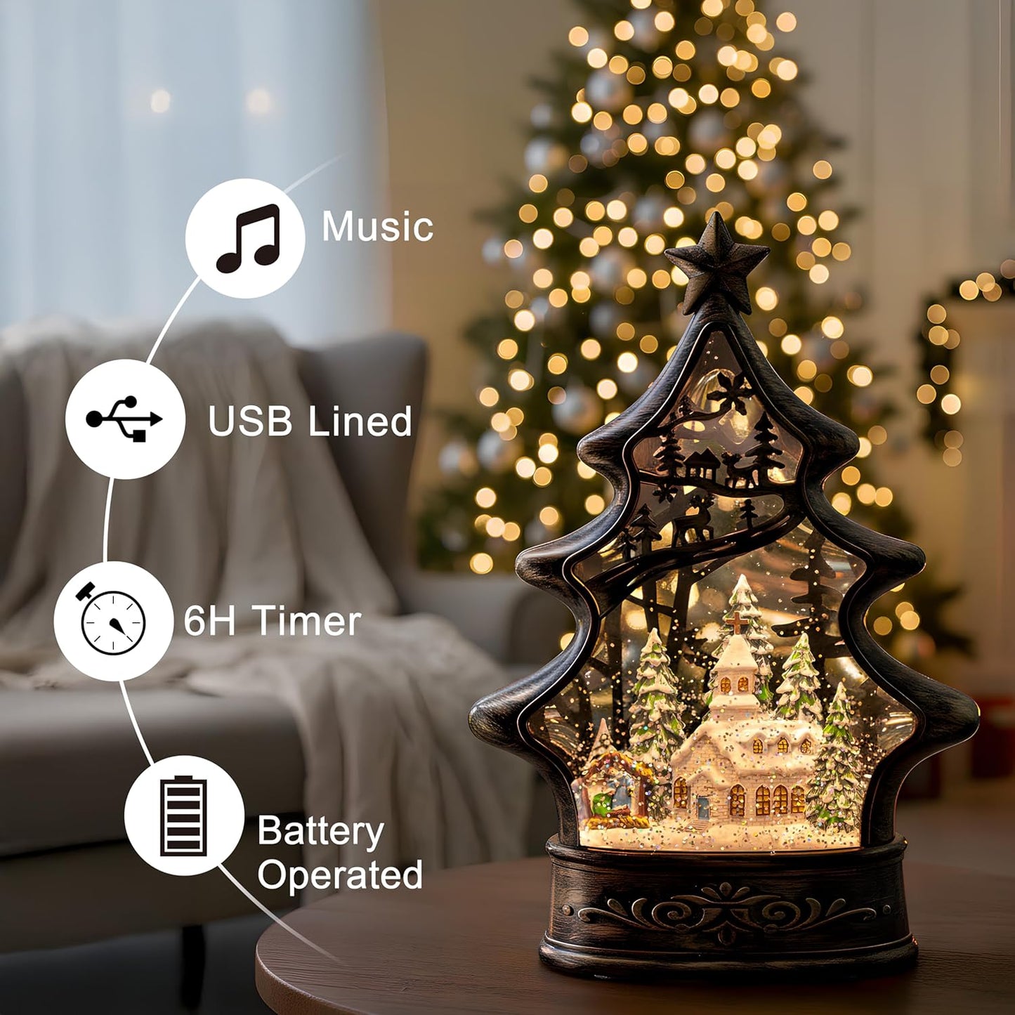 Musical Snow Globe Christmas Tree Lantern Lighted Church with Nativity Manger Scene Water Lantern in Swirling Glitter, Christmas Home Decoration and Gift, Battery Operated or USB Powered