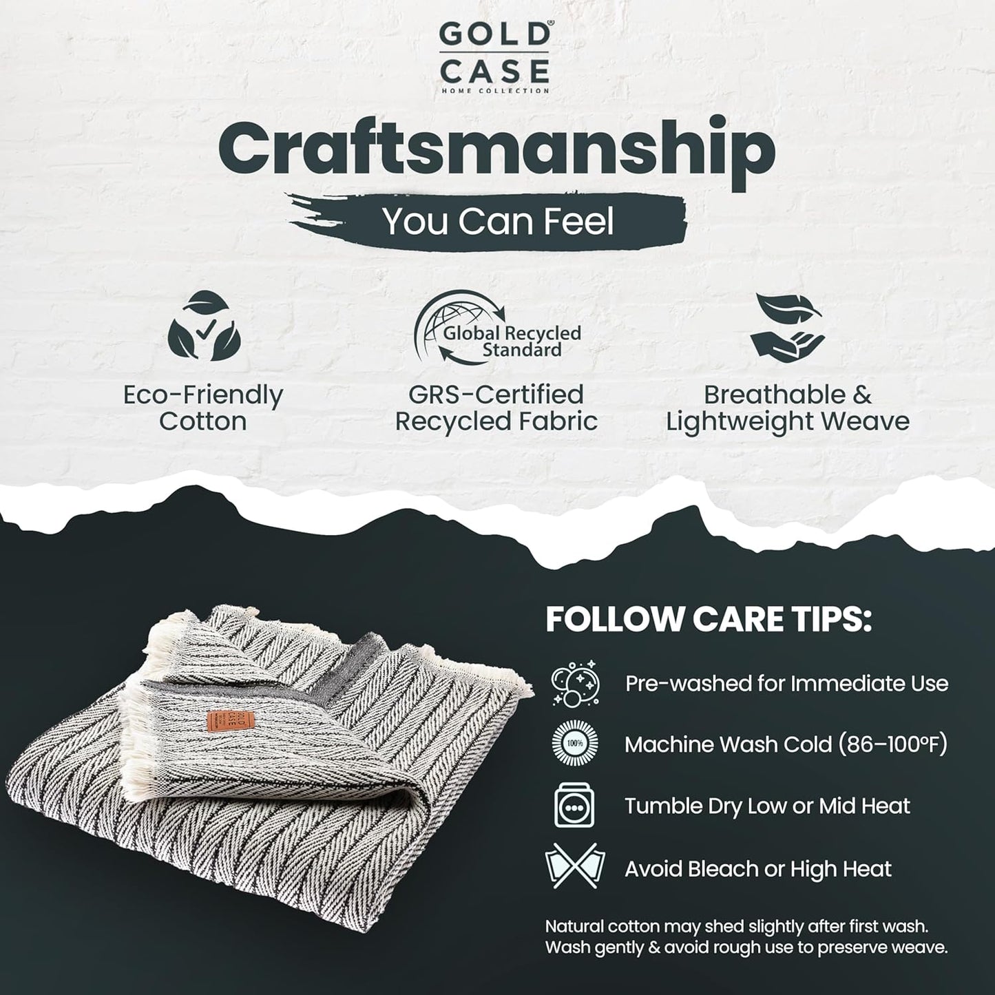 Gold Case Throw Blanket for Couch – 100% Recycled Turkish Cotton Blankets & Throws – Elegant Decorative Throw Blankets for Living Room Sofa – Woven Throws for Couch – Retro Black – 50x60