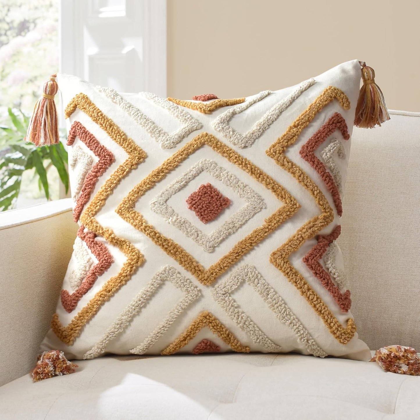 Boho Pillow Covers 18X18 Inch Boho Tufted Throw Pillow Covers Decorative Tassels Cushion Cover Farmhouse Pillow Case for Couch Sofa Bed Living Room Bedroom, Rust