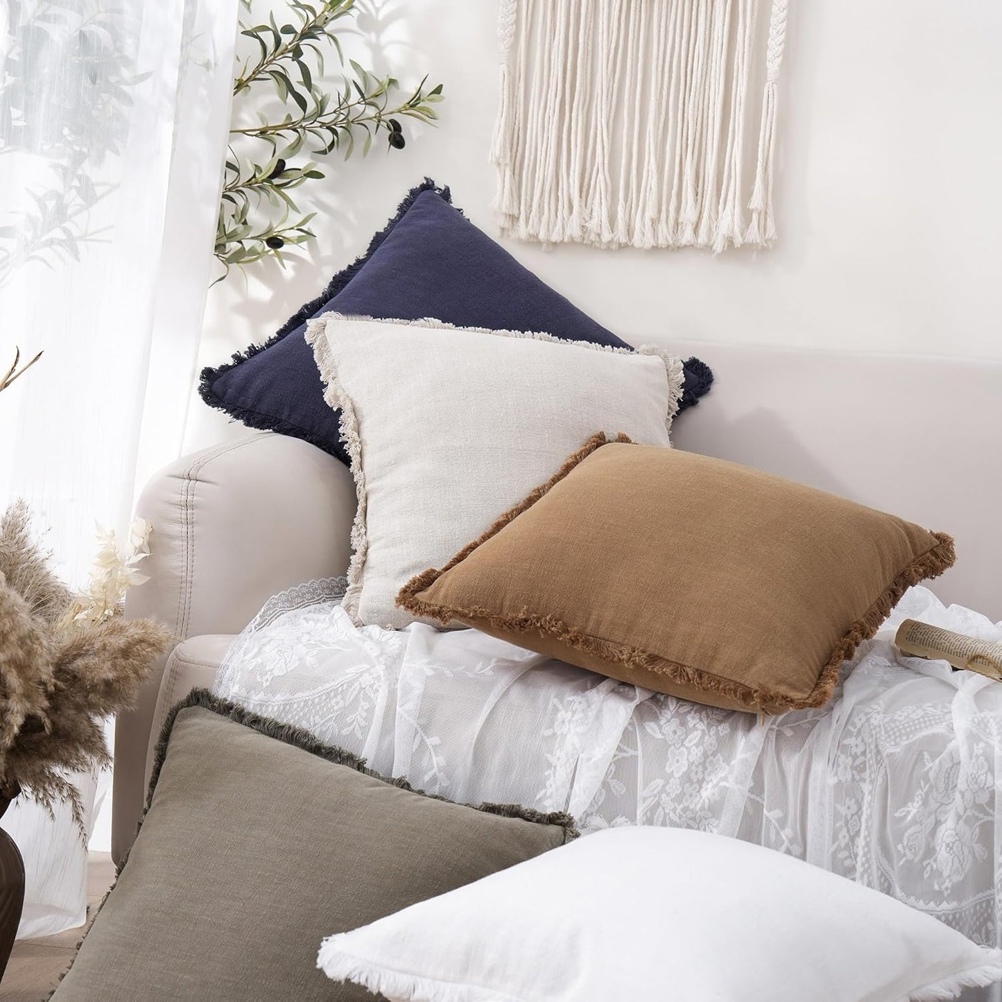 Foindtower Set of 2 Decorative Linen Fringe Throw Pillow Covers Cozy Boho Farmhouse Cushion Cover with Tassels Soft Accent Pillowcase for Couch Sofa Bed Living Room Home Decor,18×18 Inch,Khaki Brown