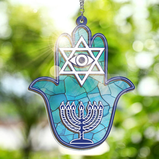 FLAGWIX Hanukkah Gifts for Women Men - Double Layered Hanging Suncatcher 6 in - Christmas Birthday Spiritual Good Luck Housewarming Gifts for Mom Dad Friends, Hamsa Hand Fatima Home Decor