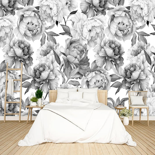 Grey Peony Floral Wallpaper Peel and Stick Wall Mural for Bedroom Living Room - 96"x137"