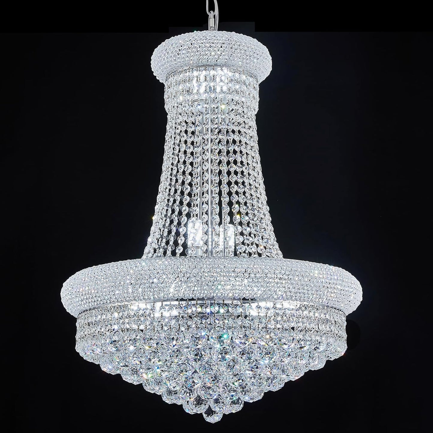 14 - Light Unique Empire Crystal Chandelier with Adjustable Chain for High Ceiling Foyer Entryway Living Room Dining Room Bedroom Chrome Finish