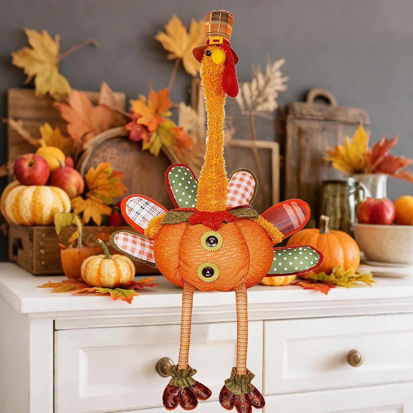 winemana Thanksgiving Decoration 31.5" x 18.5" Plush Turkey with Stretchable Head, Handmade Stuffed Sitting Turkeys Fall Decorations for Indoor Home Tabletop Party Autumn Decor (Cock)
