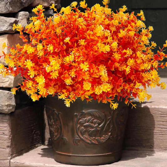 12 Bundles Artificial Fall Flowers No Fade Faux Autumn Plants, Fake Indoor Outdoor Greenery Decorations for Thanksgiving Christmas Wedding Party Home Garden Fireplace Décor (Fall Orange)