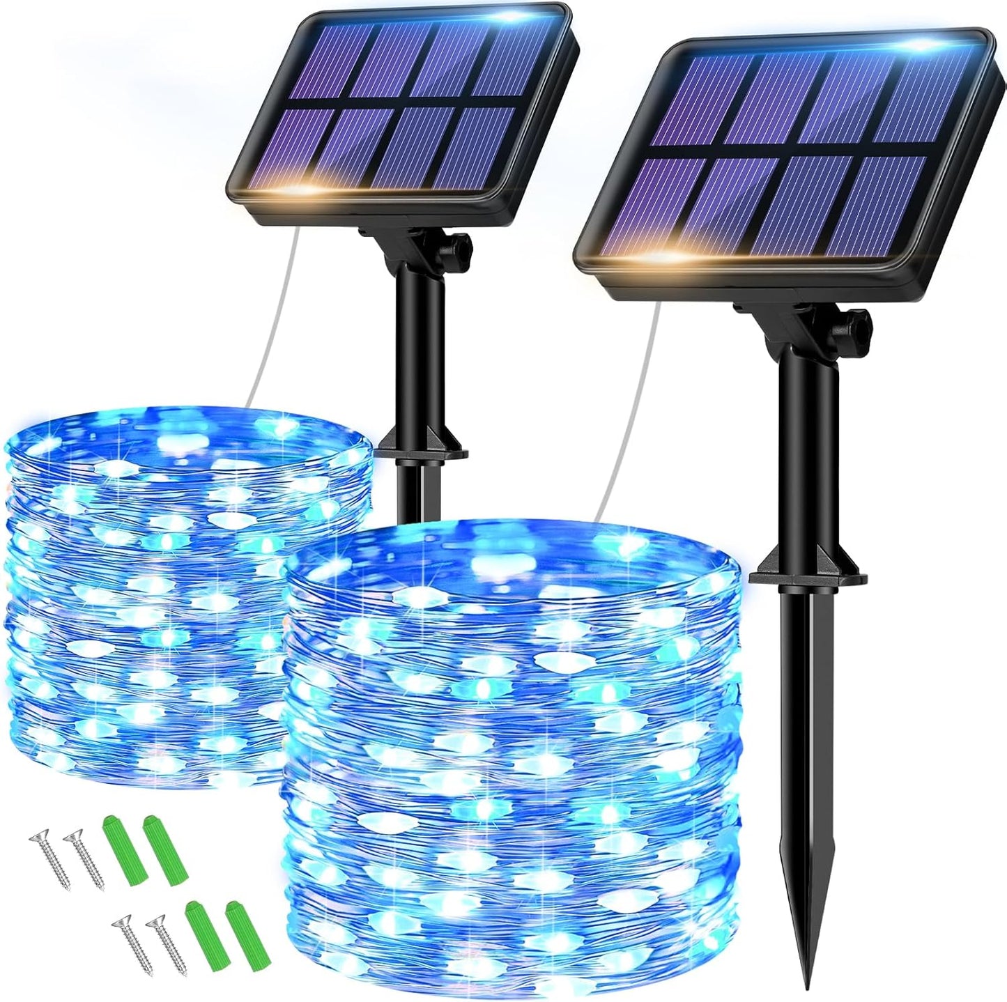 2 Pack Solar String Lights Outdoor - 160LED 66FT Solar Fairy Lights Waterproof 8 Modes, Copper Wire Solar Powered Twinkle Lights for Outside Tree Garden Christmas Wedding Party Decor (Blue White)