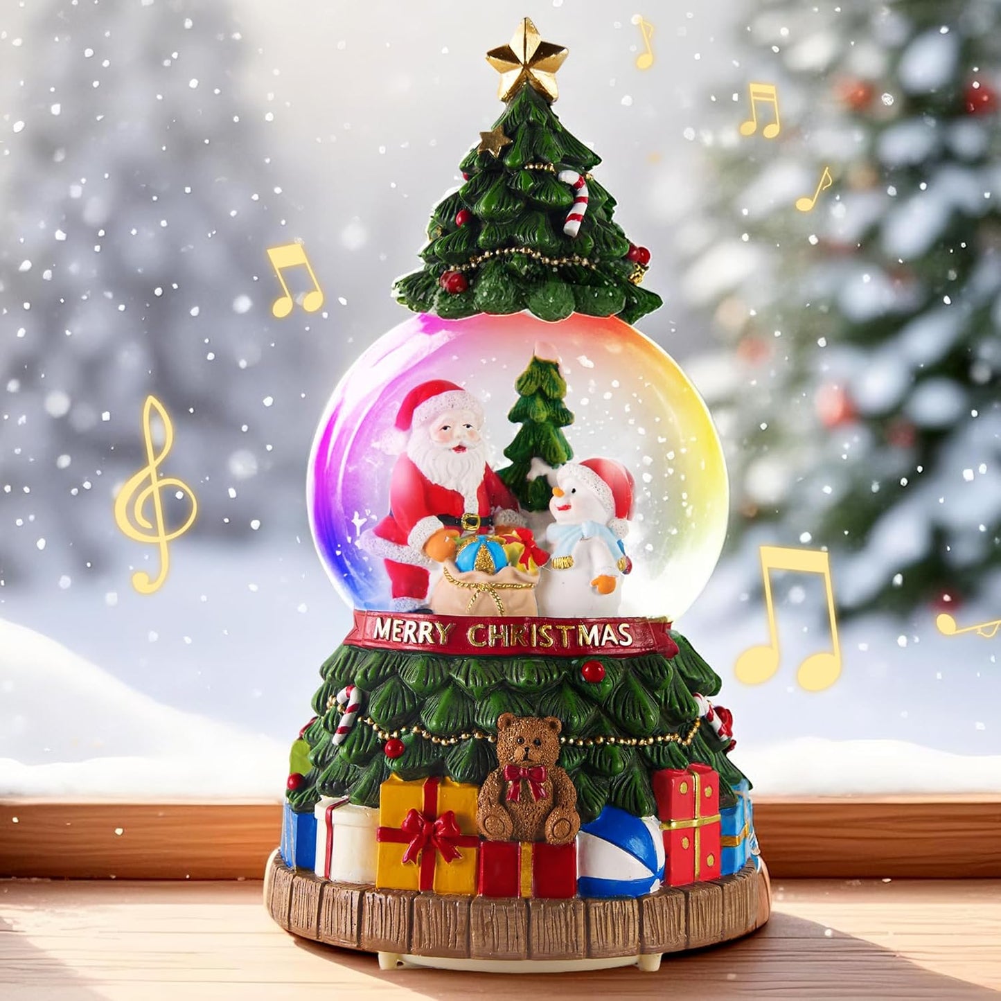 Musical Christmas Snow Globes Lantern with Christmas Tree, Santa Claus and Snowman, Glittering Lights & Snowfall - USB & Battery Powered Holiday Decor Gift for Home, Party, Family
