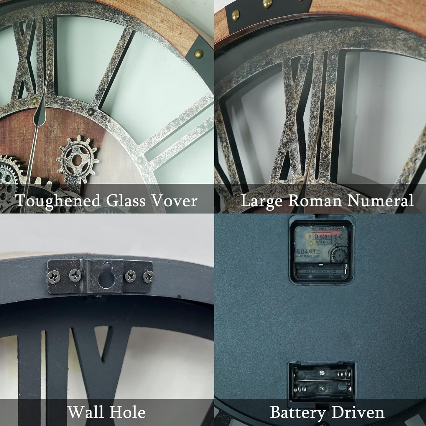 30 Inch Moving Gear Wall Clock, Oversized Wall Clocks, Clock Living Room Decor, Solid Wood Frame, Battery Operated, Large Wall Clock with Steampunk Industrial for Fireplace(Brown)