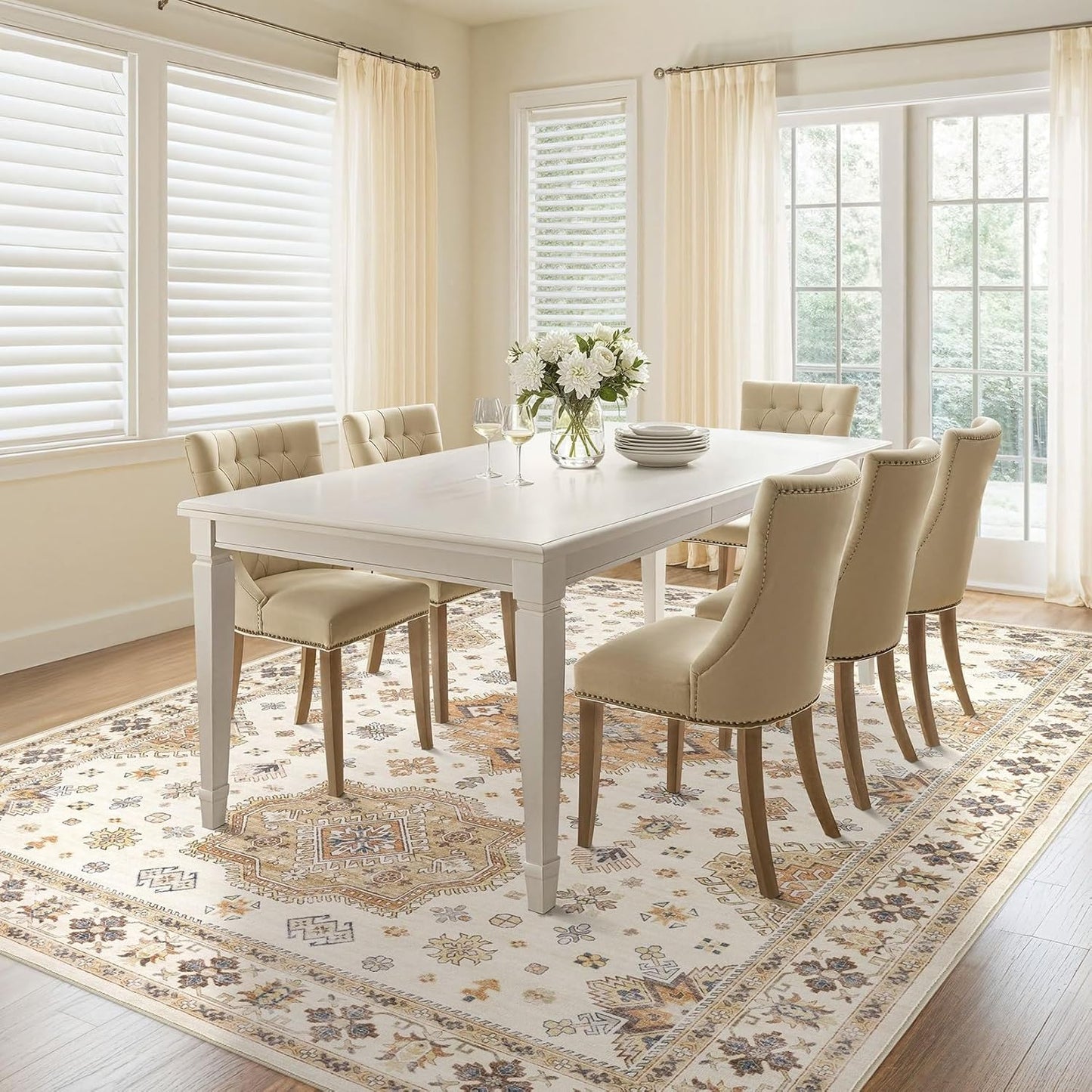 Washable Area Rugs for Living Room - 7x9 Neutral Vintage Distressed Floral Farmhouse Boho Large Soft Floor Rug Indoor Non Slip Carpet for Living Room Bedroom Dining Room Office - Orange/Yellow/Beige